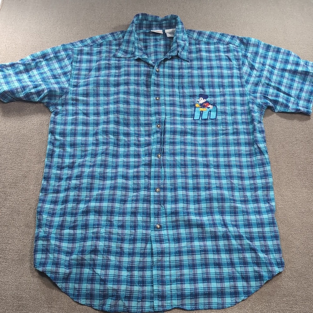 Disney Store Men's Large Blue Plaid Mickey Mouse Short Sleeve Button‎ Shirt Teal